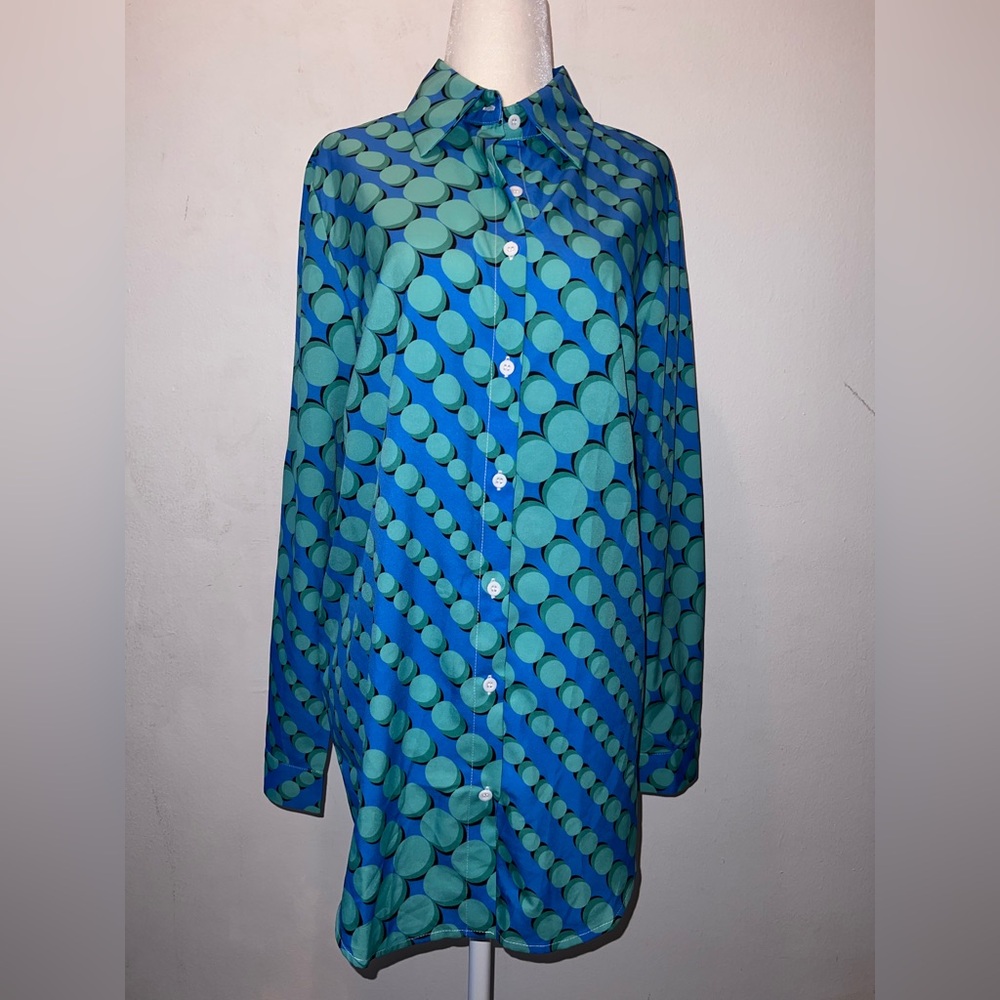 New Blue and Green Blouse with Geometric Design